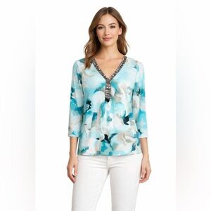 JM Collection Petite Floral Beaded V-Neck Top Size PS Blue Aqua